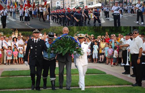 Cérémonie du 14 juillet à Sanary. EN premier plan dépôt de gerbe de F.Bernhard, D.Antomarchi, A.Guillard et G.Vallerian.